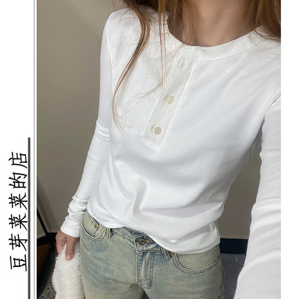 美式复古纯色亨利领长袖T恤女外穿内搭打底衫bm直筒白色短上衣潮
