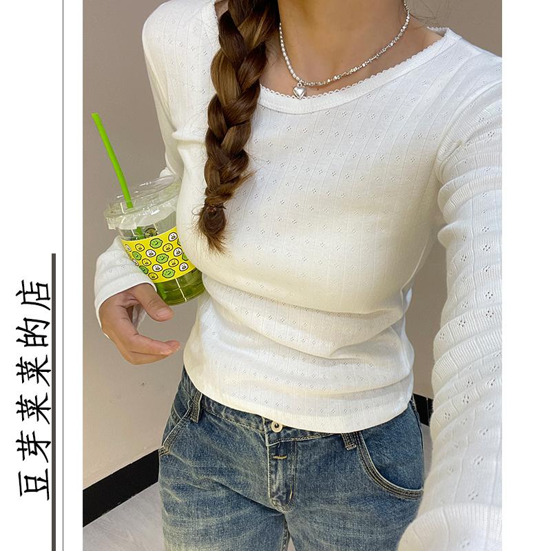 纯欲风镂空亨利领修身长袖T恤