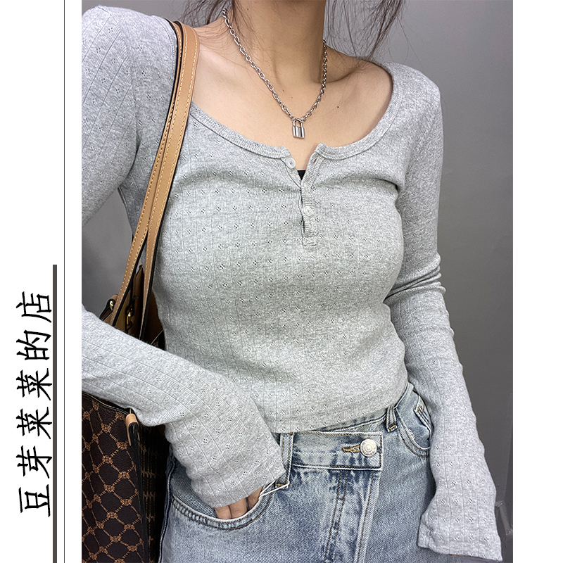 长袖美式薄镂空棉女修身T恤