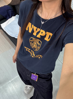 美式NYPD字母印花短袖T恤女直筒藏青色圆领棉修身显瘦百搭短上衣