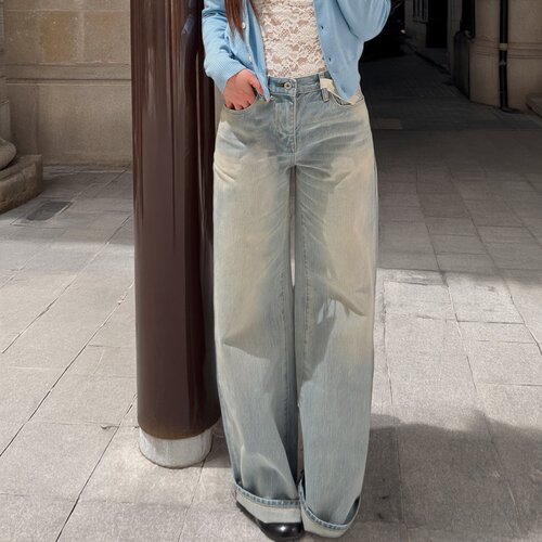 a*t005L低腰直筒做旧洗水牛仔裤