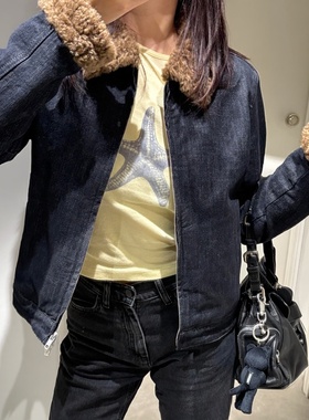 a*t同款丹宁拼接棉混纺黄色格纹短款H版型牛仔拼毛翻领外套女棉衣