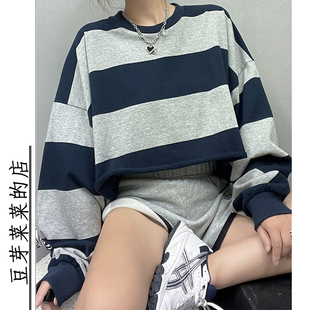 薄款 复古宽松条纹短款 美式 T恤bm春秋辣妹打底衫 卫衣潮 露肚脐长袖