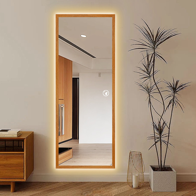 实木智能穿衣镜led带灯全身镜家用壁挂贴墙试衣镜中古风橡木镜子