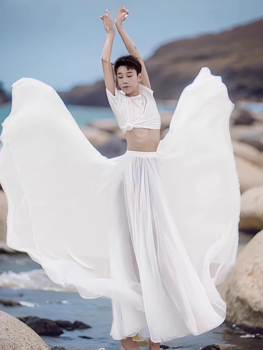 720度张兵原创壁上观舞蹈古典舞舞月同款双层白色天丝国风大摆裙