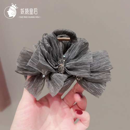 韩国东大门水晶高级灰褶皱欧根纱多层蝴蝶结抓夹高级感气质鲨鱼夹