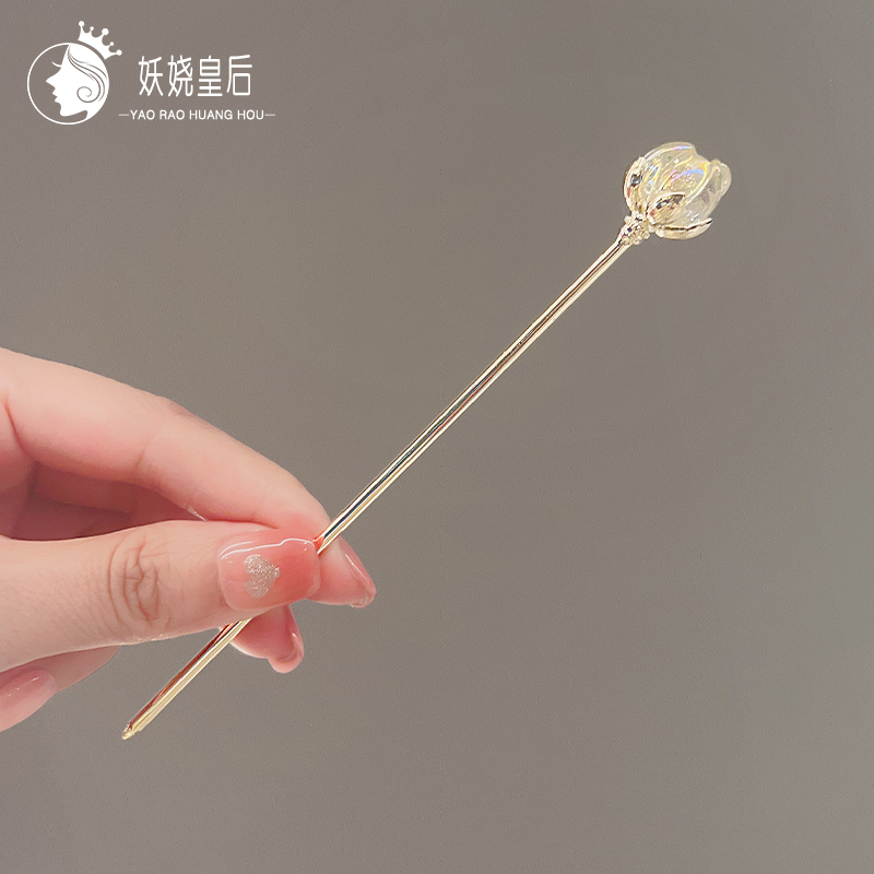 水晶莲花发簪女古风新中式简约现代高级感发钗花朵步摇汉服簪子
