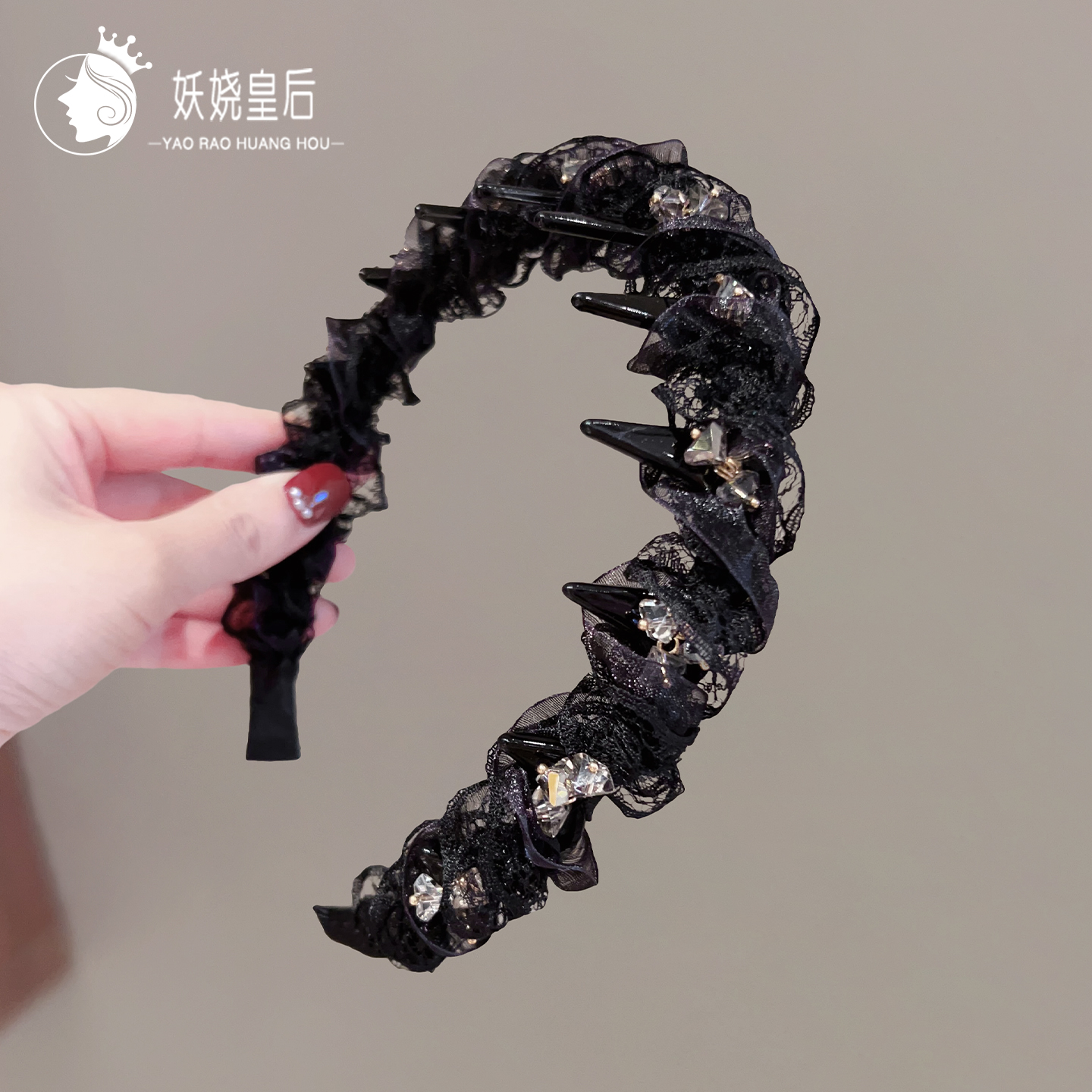 黑色蕾丝缠绕水钻头箍女2025新款百搭高颅顶百搭洗脸头箍发捆发卡