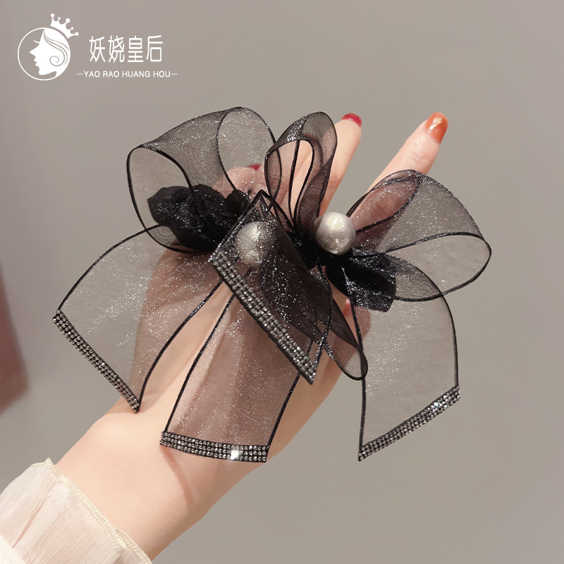 法式珍珠蝴蝶结欧根纱大肠发圈女时尚百搭头绳高级简约皮筋发饰女