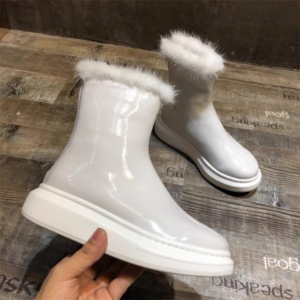 白色松糕厚底雪地靴短靴女短筒加绒保暖水貂毛漆皮防水棉靴马丁靴