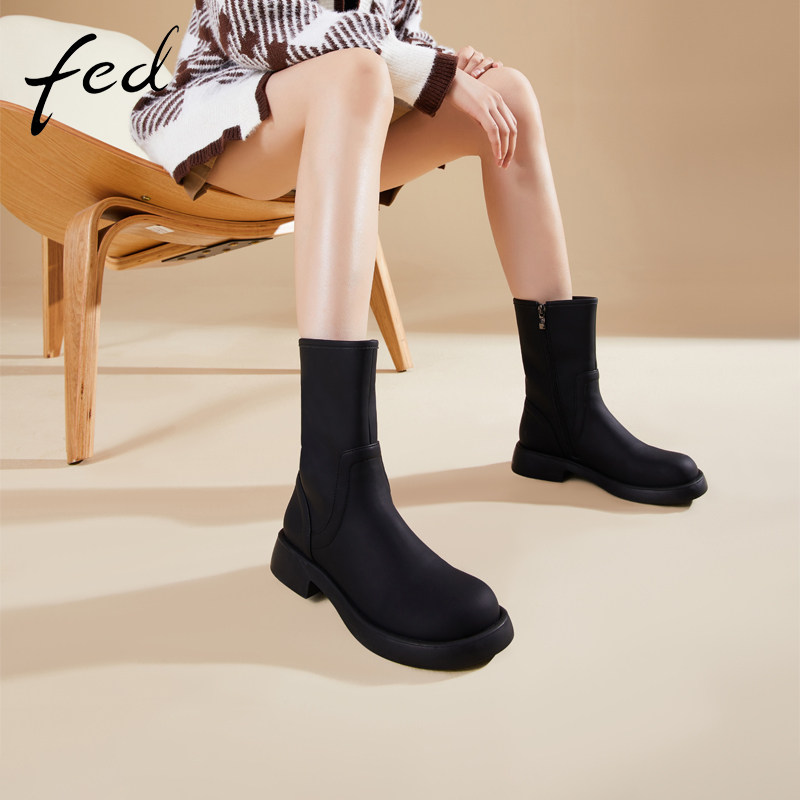 fed平底短靴冬季新款靴子圆头侧拉链百搭黑色时装靴女BWB515