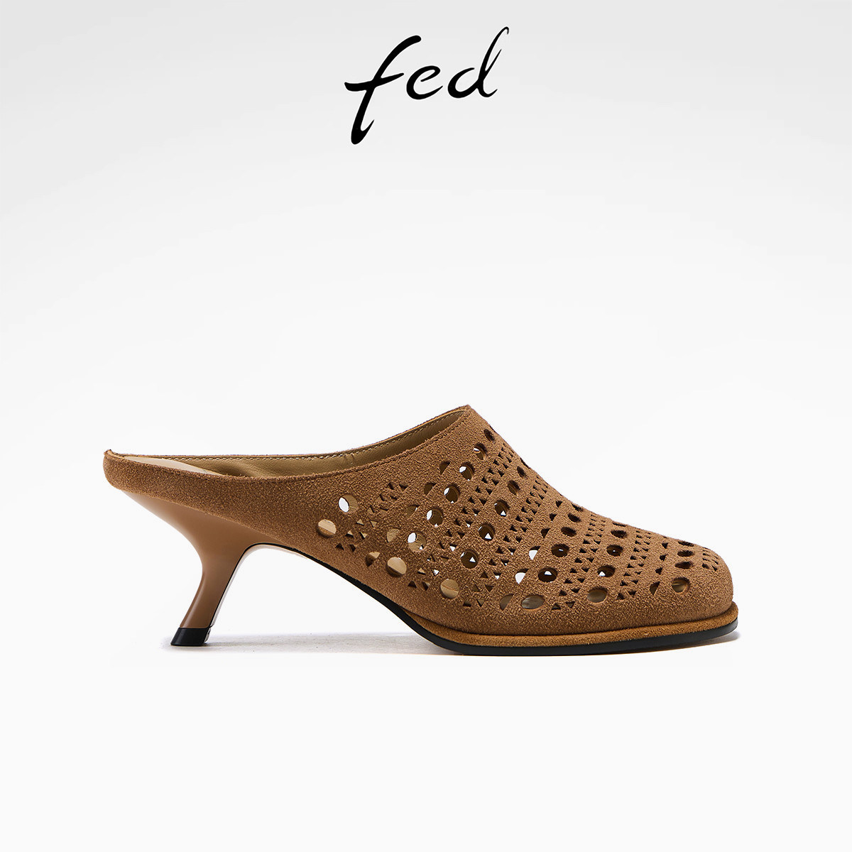 fed真皮镂空冲孔夏季女凉鞋细跟高圆头包头时装穆勒凉拖鞋女外穿