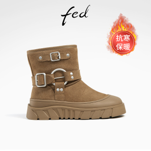 fed厚底雪地靴冬季新款靴子加绒短靴绒面保暖鞋女款R1124-ZCA338