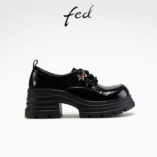 fed黑胶步调单鞋春季新款女鞋系带小皮鞋粗跟厚底乐福鞋女款ZC167