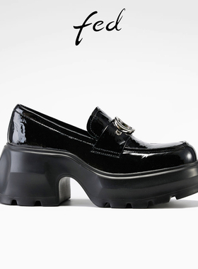 fed头层牛皮2026春季新款百搭真皮漆皮女鞋粗跟厚底单鞋乐福鞋女