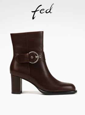 fed牛皮短靴冬季新款女靴皮带扣时装靴高跟瘦瘦靴女D1029-ZFA168