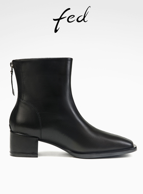 fed方头短靴冬季新款女靴英伦风时装靴黑色瘦瘦靴女款D1004-ZF029
