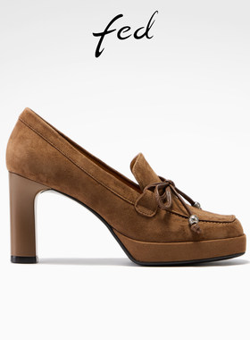 fed沙羽星痕单鞋春季新款女鞋高跟乐福鞋绒面粗跟高跟鞋女款YA171