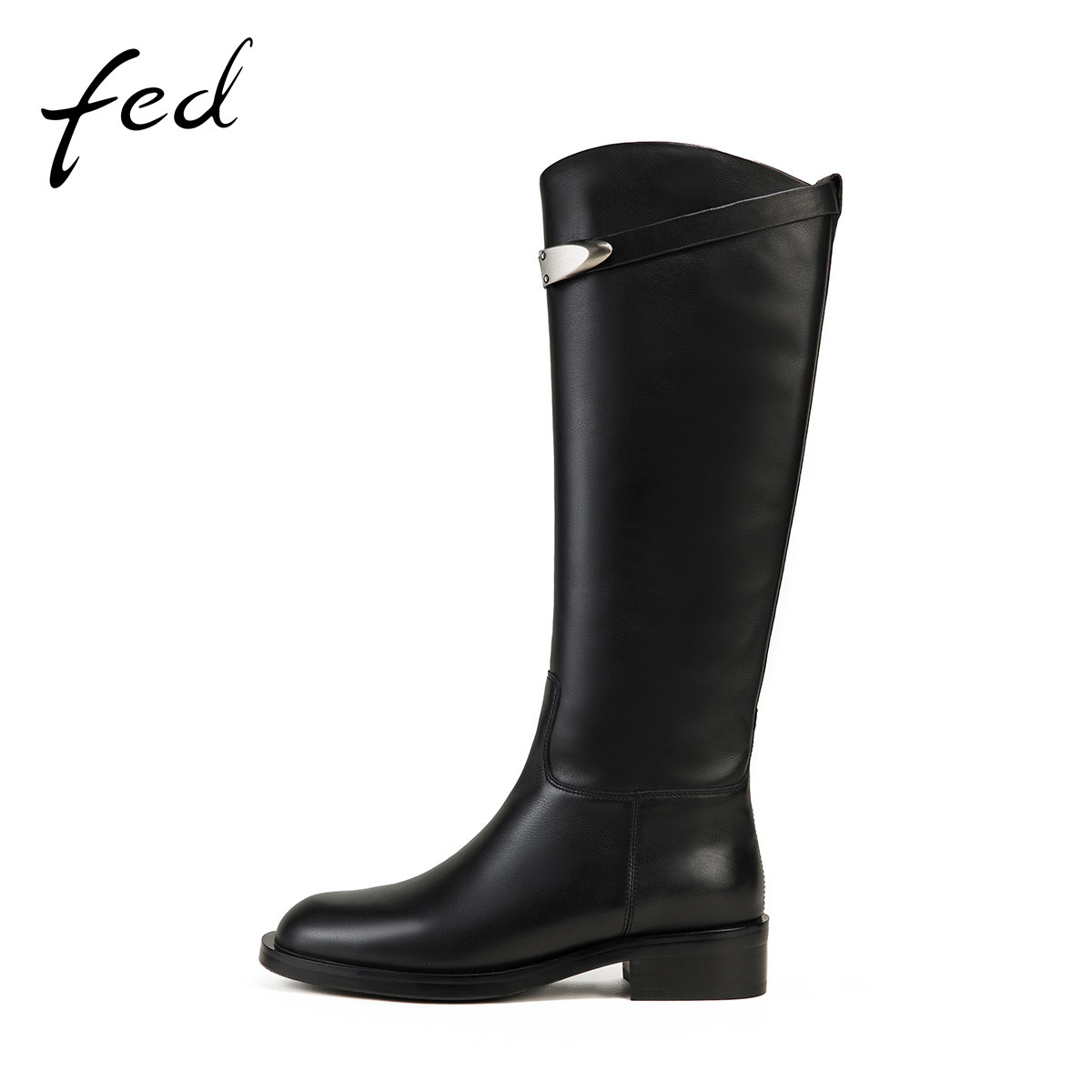 【全头层牛皮】fed真皮女鞋秋冬粗跟靴子女靴高筒西部靴骑士靴女