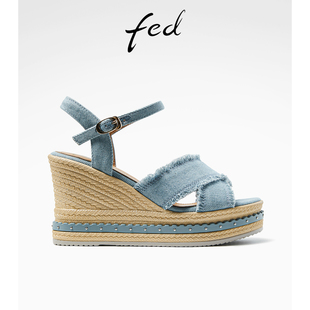 女鞋 新款 牛仔交叉带坡跟凉鞋 女款 ZF018 fed松糕厚底凉鞋 R0624 夏季