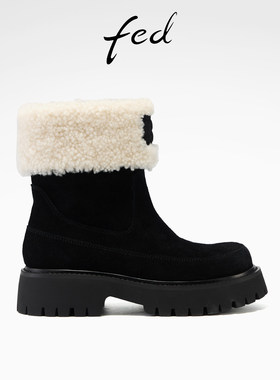 fed粗跟雪地靴冬季新款女靴加绒马丁靴毛边厚底短靴女S1205-YA220
