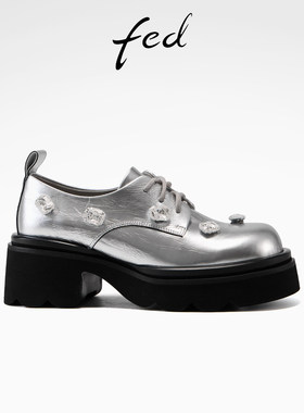fed金属头层牛皮2026春季新款真皮粗跟厚底系带单鞋潮鞋乐福鞋女