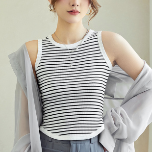上衣 无袖 小吊带背心女夏外穿内搭打底白色法式 别致设计感条纹短款