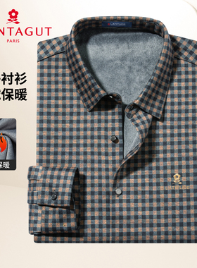 [保暖绒毛]梦特娇25秋冬季男士长袖衬衫格子休闲款中年加绒衬衣Z