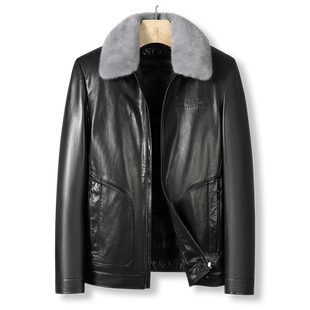 [山羊皮革/水貂毛领]梦特娇男士翻领夹克真皮皮衣鸭绒羽绒服保暖J