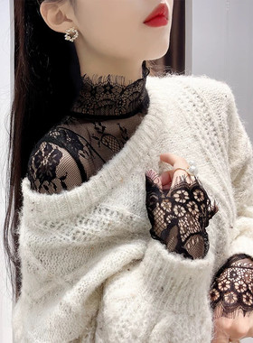 半高领睫毛蕾丝打底衫女春秋2025洋气内搭黑色薄纱衣镂空网纱上衣
