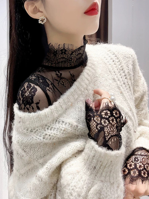 半高领睫毛蕾丝打底衫女春秋2025洋气内搭黑色薄纱衣镂空网纱上衣