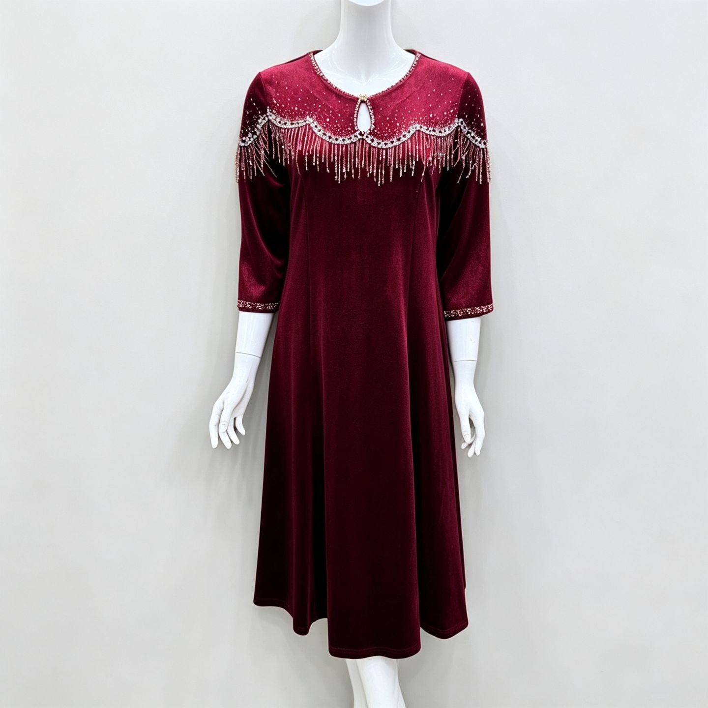 高贵气质婆婆敬酒礼服喜妈妈丝绒婚宴连衣裙女重工钉珠流苏七分袖