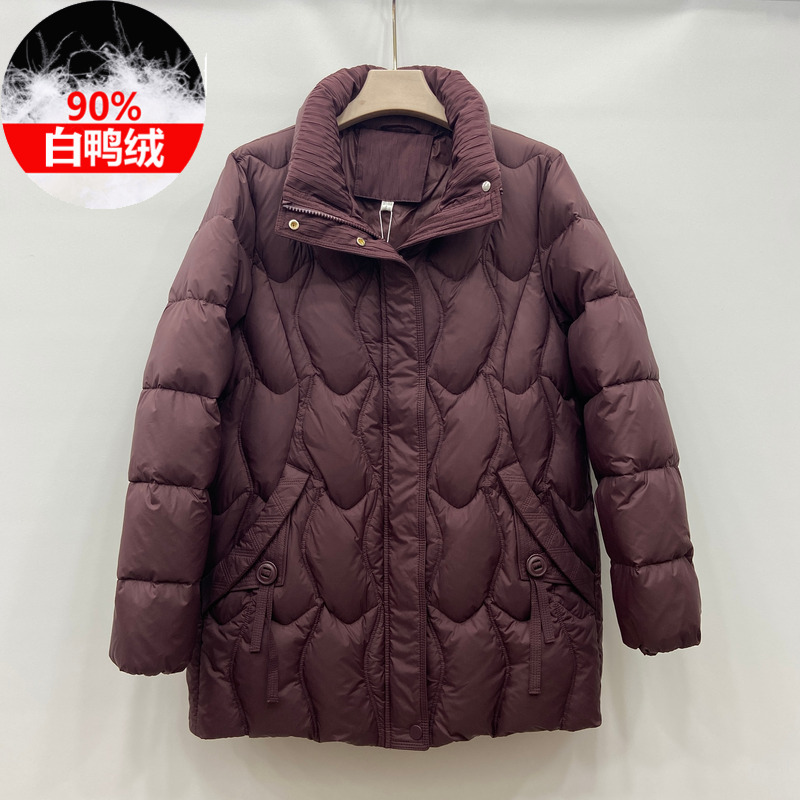 58商场同款正品90白鸭绒羽绒服女中长款压花立领保暖冬装妈妈外套