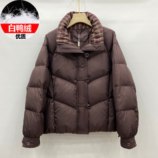 805品牌羽绒服女时尚 休闲格子立领宽松羽绒外套短防寒服 保暖冬装