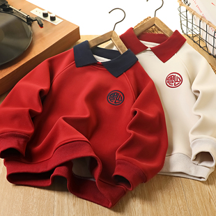 新年红色拜年服男童加绒卫衣2026新款洋气过年本领年中大童打底衫