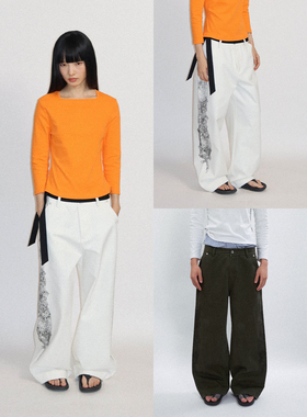 FUNKYFUN 2025AW 黑色蕾丝印花毛边裤脚直筒阔腿休闲裤长裤