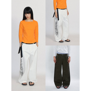 长裤 FUNKYFUN 脚直筒阔腿休闲裤 黑色蕾丝印花毛边裤 2025AW