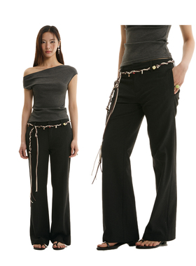 FUNKYFUN90S复古时髦灰色条纹烟管裤低腰微喇直筒休闲西裤九分裤