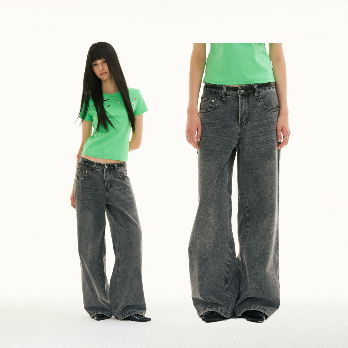 FUNKYFUN 2025SS 立体捏褶猫须烟灰黑色洗水直筒牛仔裤长裤