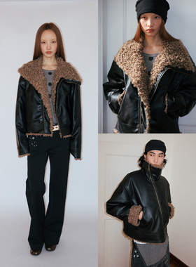 FUNKYFUN 皮毛撞色拼接斜拉链门襟皮衣宽短棉服夹克外套