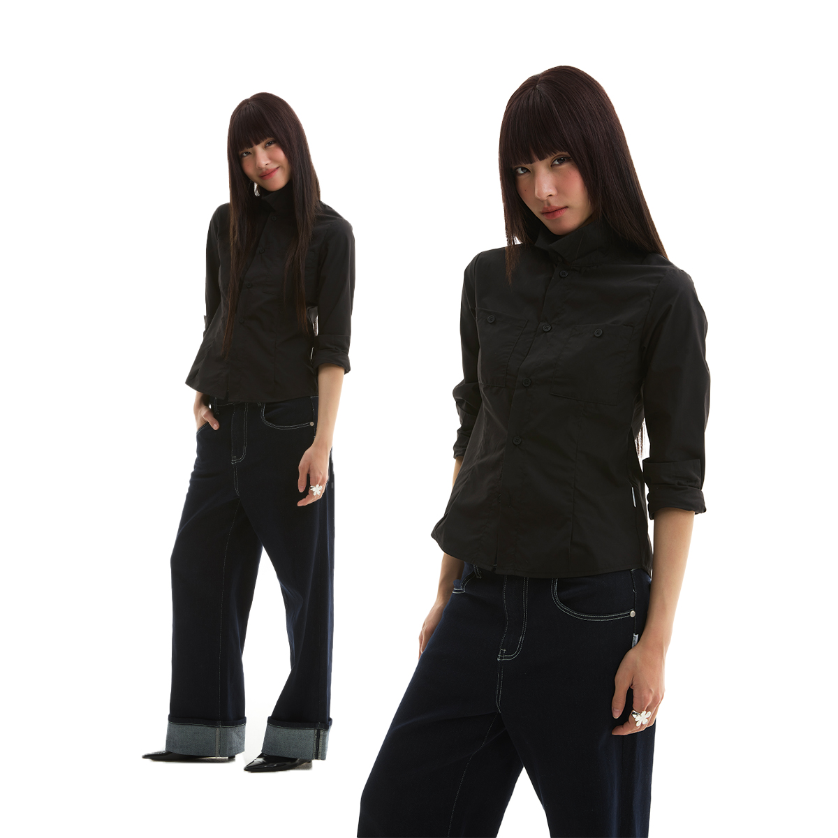 FUNKYFUN 2025SS 黑色纯色收腰设计合身版型长袖衬衫