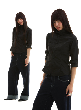 FUNKYFUN 2025SS 黑色纯色收腰设计合身版型长袖衬衫