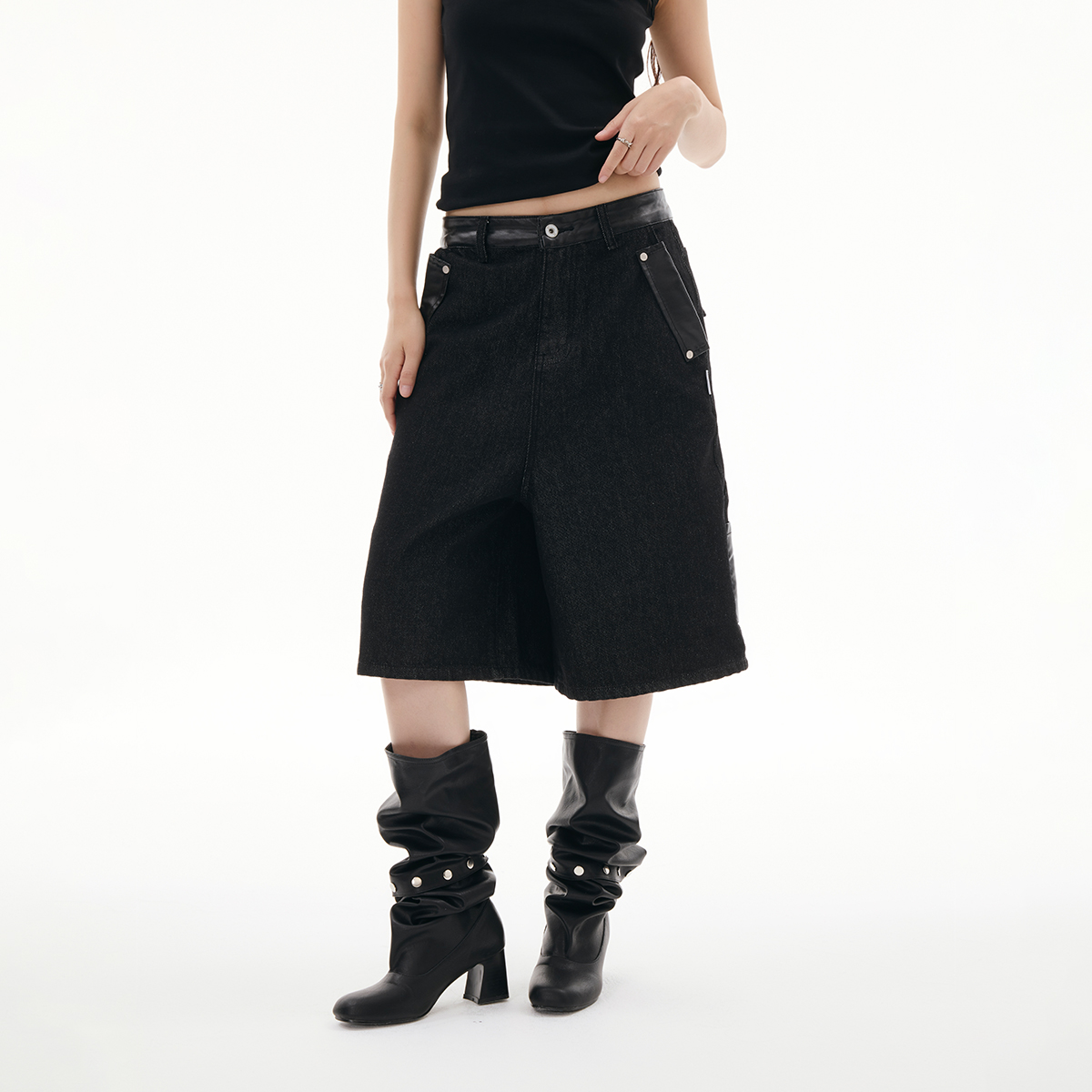 FUNKYFUN 2025SS 洗水皮拼接原色牛仔宽松阔型七分牛仔裤