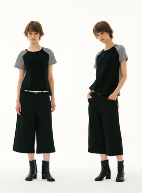 FUNKYFUN 2025SS 细条纹撞色拼布插肩袖圆领短袖tee