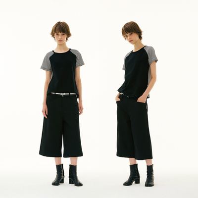 FUNKYFUN 2025SS 细条纹撞色拼布插肩袖圆领短袖tee