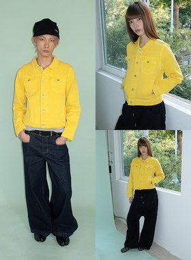 FUNKYFUN 明黄色亮色 洗水做旧短款翻领夹克牛仔外套