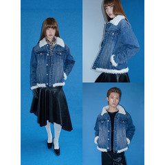 FUNKYFUN 秋冬复古洗水蓝羊羔绒翻领撞色加绒牛仔夹克外套