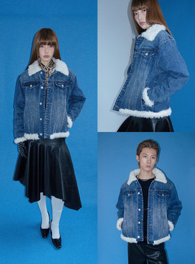 FUNKYFUN 秋冬复古洗水蓝羊羔绒翻领撞色加绒牛仔夹克外套