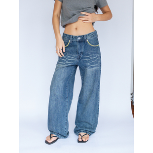 廓形直筒阔腿中腰长裤 复古做旧撞色刺绣洗水牛仔裤 美式 FUNKYFUN