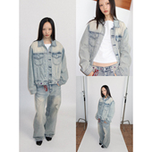 FUNKYFUN 紫底浅色重工洗水做旧磨破宽松牛仔翻领夹克外套 2025AW